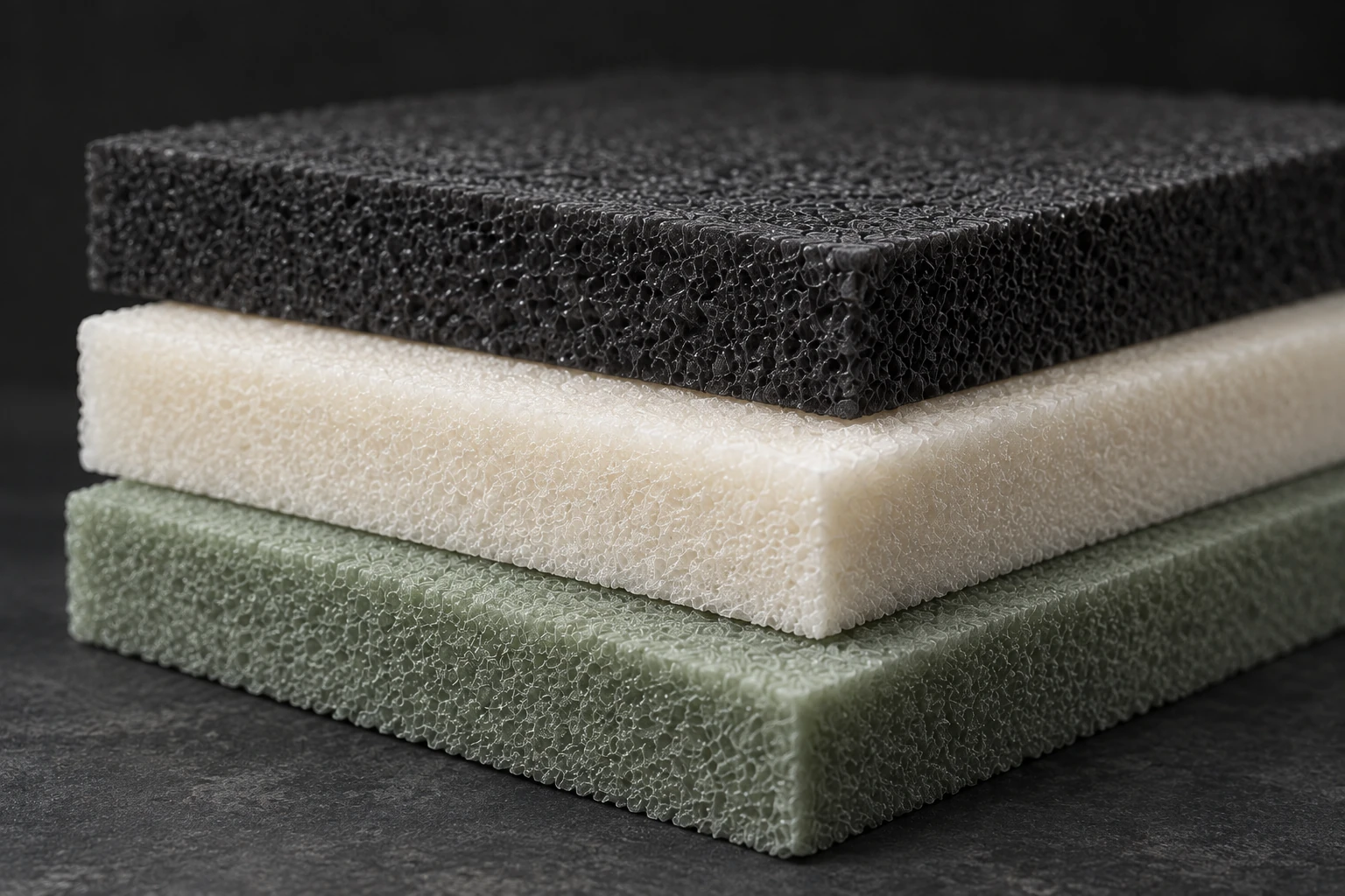 Stacked black, white and green foam material samples
